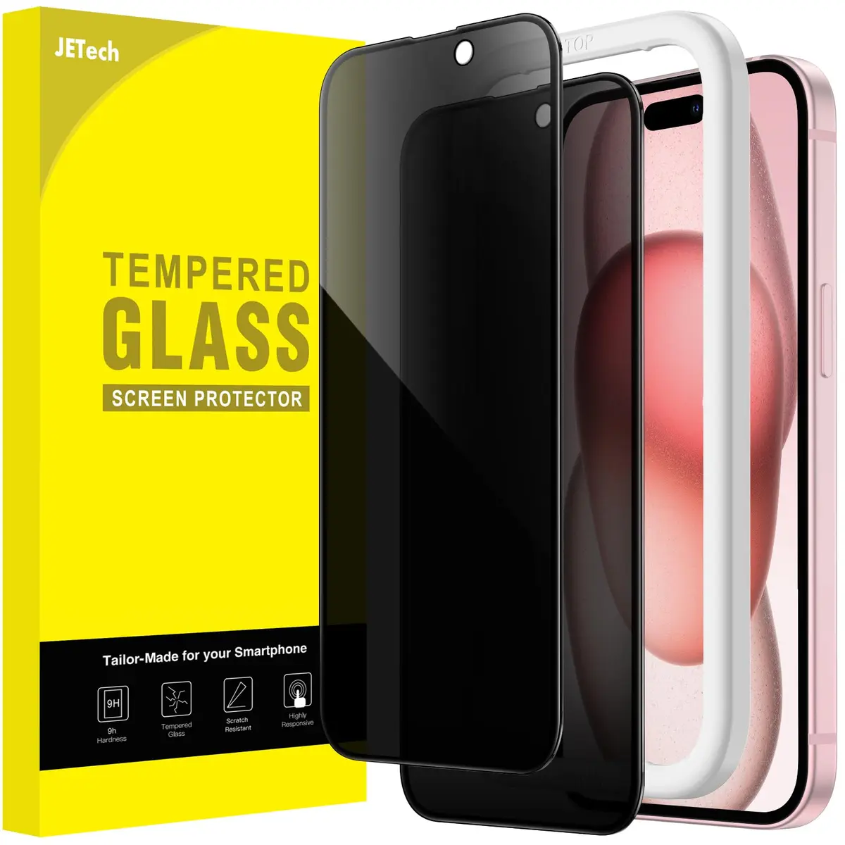 JETech Protetor de Tela Anti-Espião para iPhone 15, 2 Unidades | 9H Película de Vidro Temperado de Cobertura Total, Borda Preta, Ferramenta de Instalação Rápida, Compatível com Capa