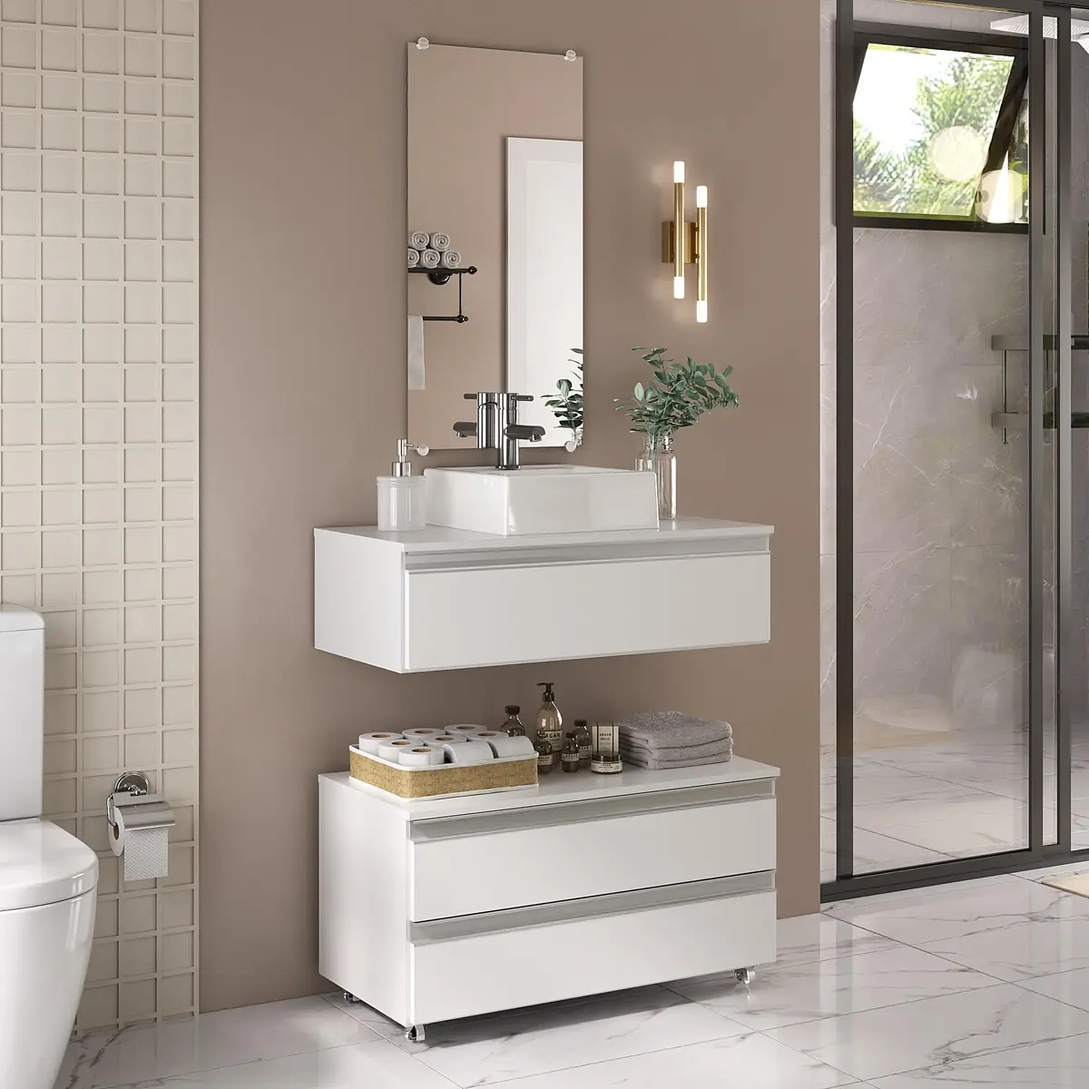 Gabinete Banheiro Creta 80cm 2 Armários Cuba Espelho Branco Inteiro