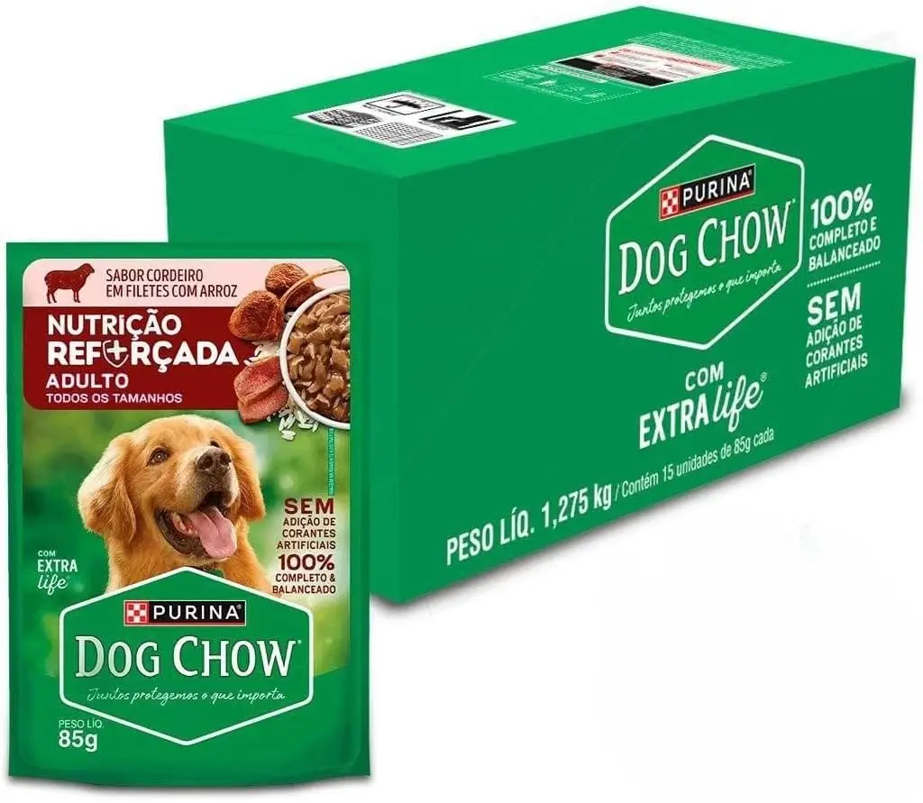 Ração Úmida DOG CHOW® NUTRIÇÃO REFORÇADA para Cães Adultos Sabor Cordeiro em Filetes com Arroz 85g - 15 unidades - 1