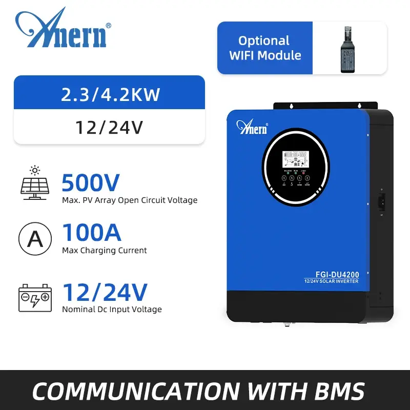 Inversores Solares Híbridos Anern 4.2KW 24V com MPPT Integrado 100A 50Hz 60Hz Inversor de Onda Senoidal Pura Máx. PV 500V Comunicação com BMS