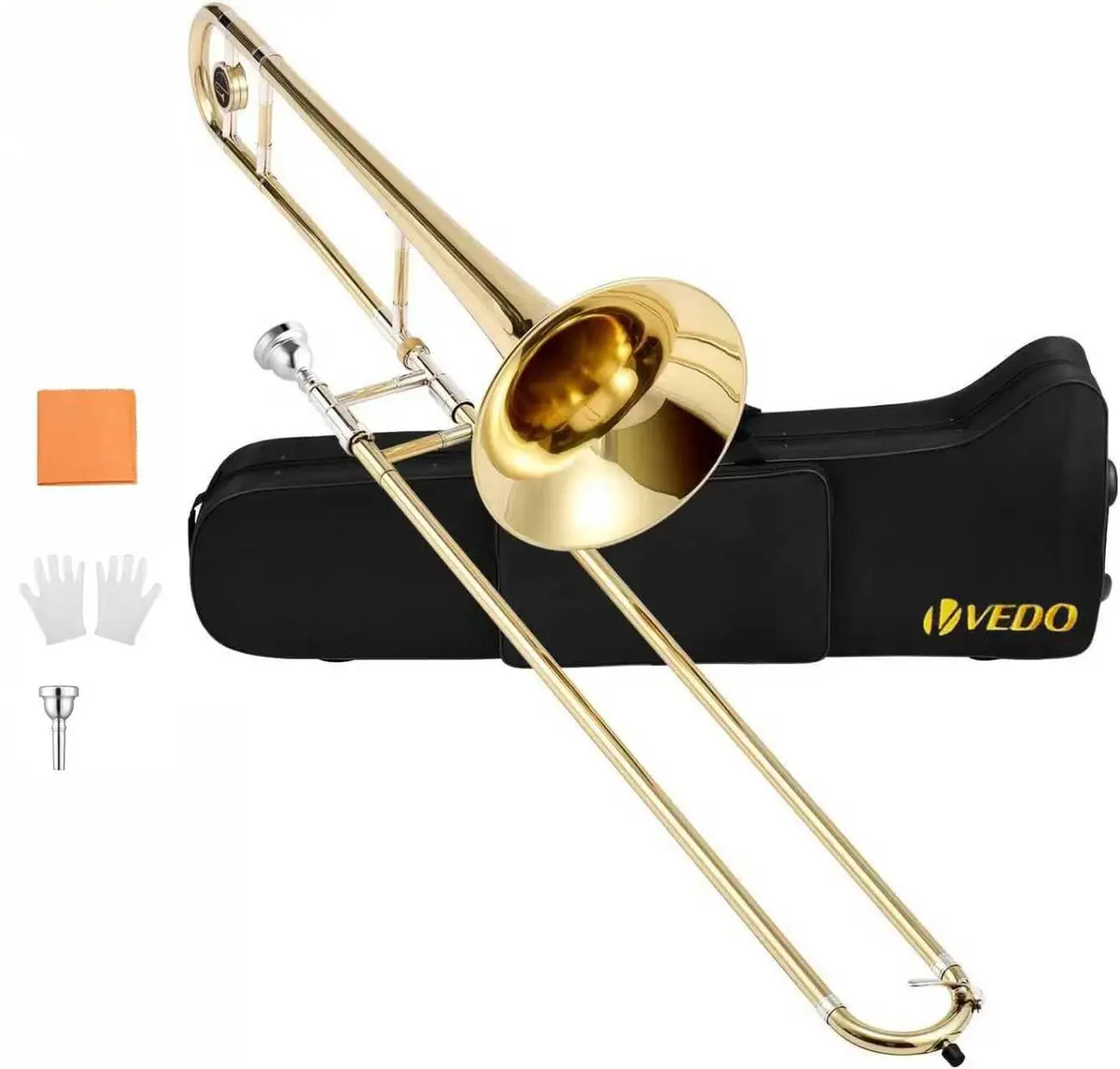 VEDO Trombone de Vara Sib Tenor Dourado – Modelo VD-CHJA, Latão com Banho de Cobre, Ideal para Iniciantes, Inclui Boquilha 12C, Luvas, Pano de Limpeza e Estojo Rígido - 1