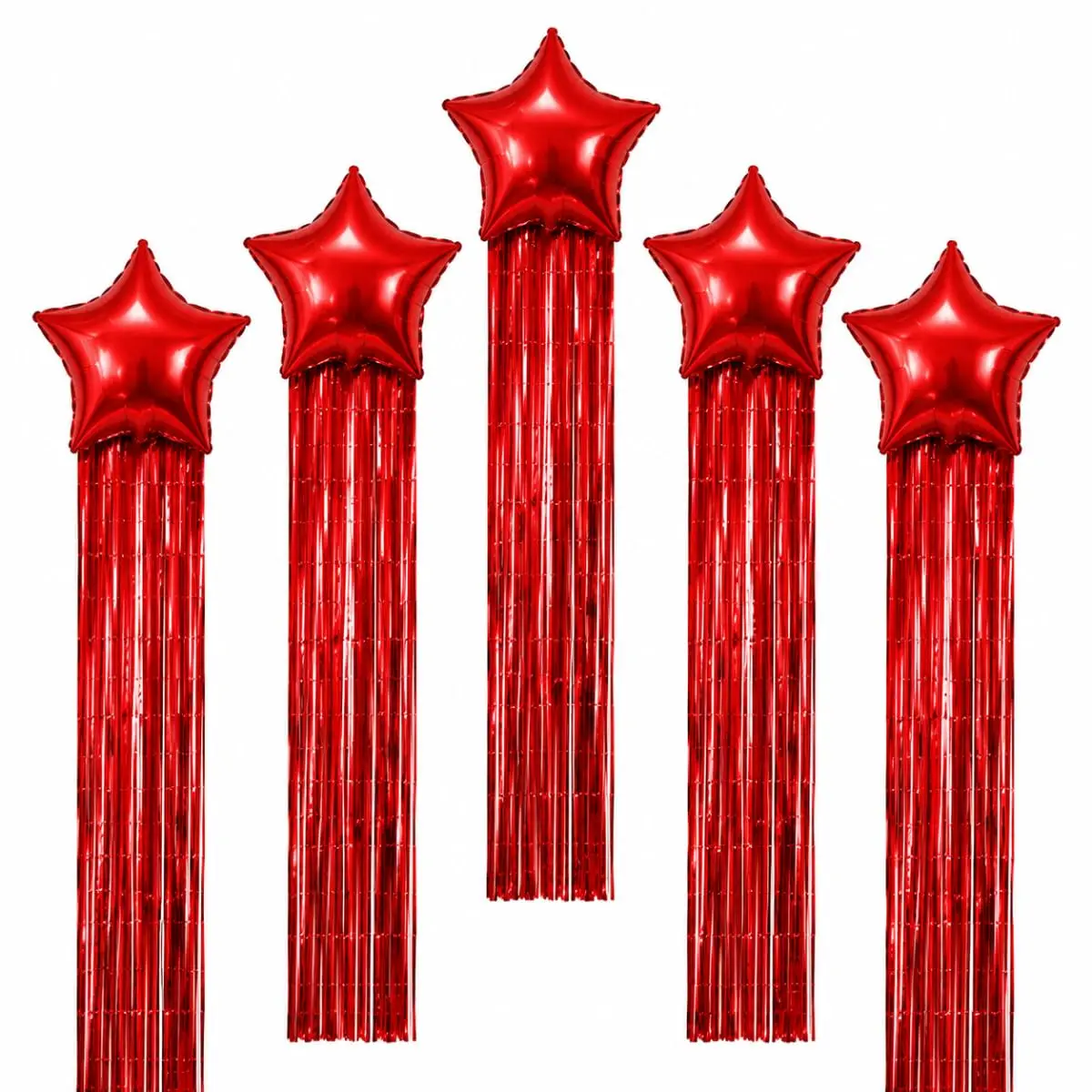Kit Cascata Estelar 5 Balões Estrela 18 Pol + Cortina 1x2m Vermelho | Kit Festa com Balões Estrela 18 Pol e Cortina Metalizada - 1