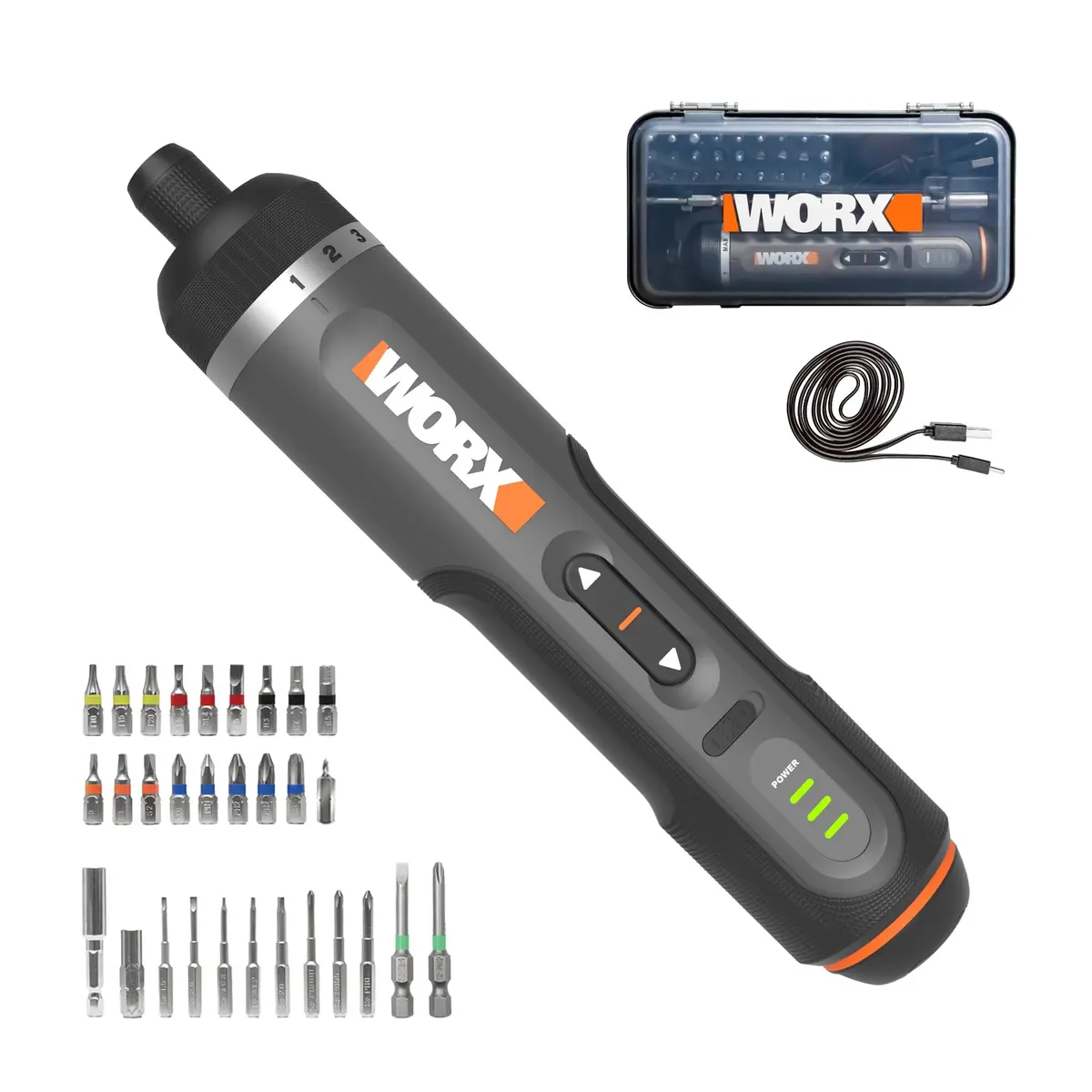 WORX Chave de fenda sem fio, kit de acessórios 4V 30 peças, WX242L | Driver sem fio com bateria recarregável, preto/prata, para bricolage em casa, montagem, instalação de móveis e reparos
