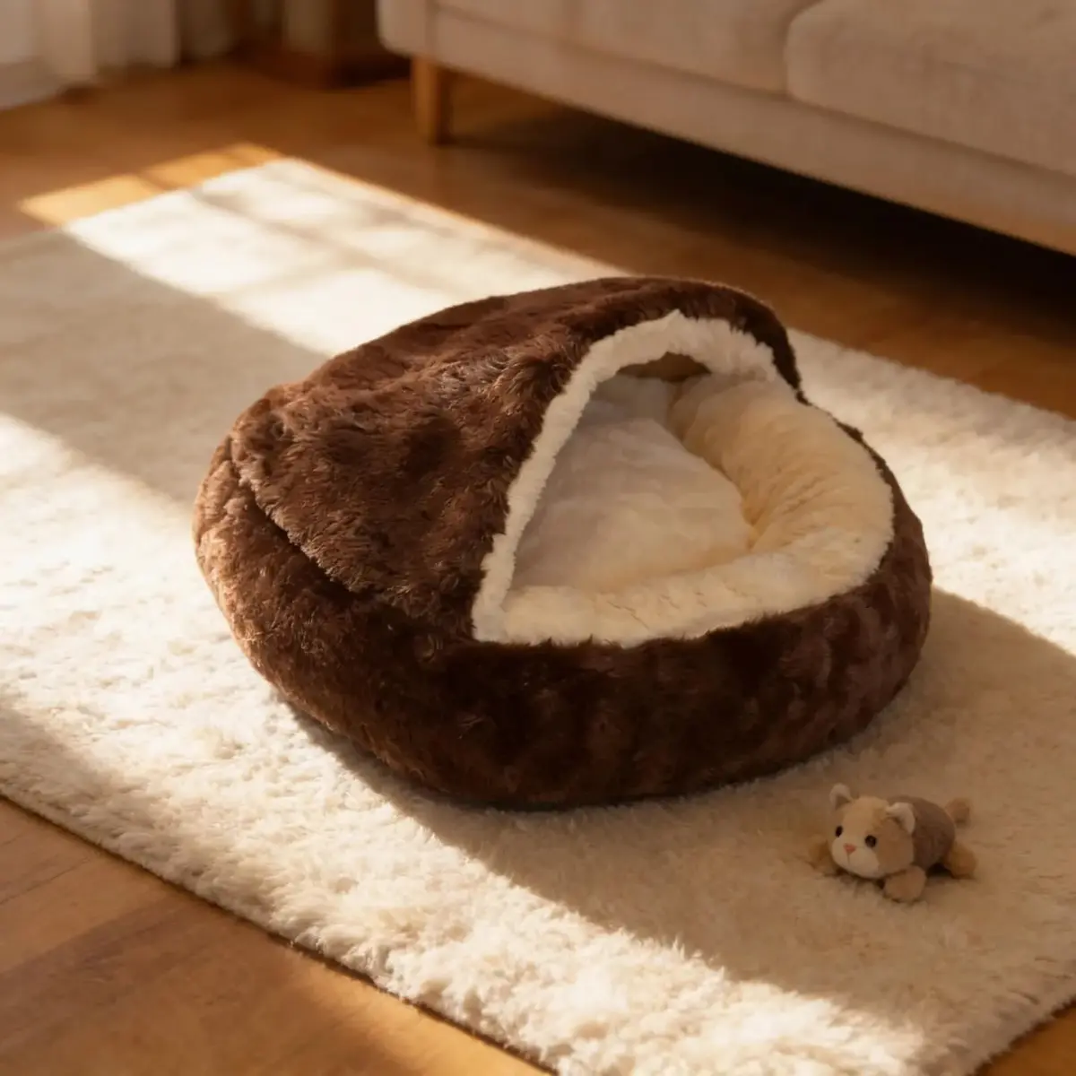 CAMINHA PET NUVEM COBERTA FECHADA PELUCIADA CAMA CASINHA TOCA DONUT FUNDO ANTIDERRAPANTE COM COBERTURA QUENTINHA CACHORROS E GATOS IGLU QUALIDADE PREMIUM 60CM TAM G (CHOCOLATE) - 1