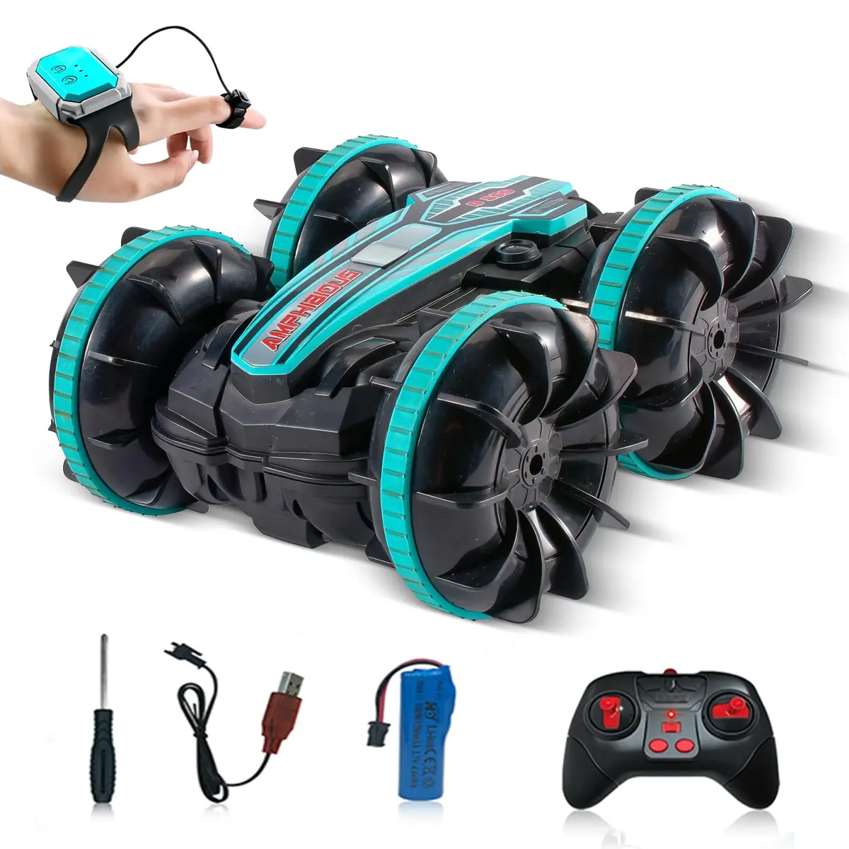 Carro Anfíbio de Controle Remoto, Carro Acrobático RC 4WD à Prova D'água, 2,4 GHz com Manobras Acrobáticas com Rotação 360°, Controle por Gestos - 1