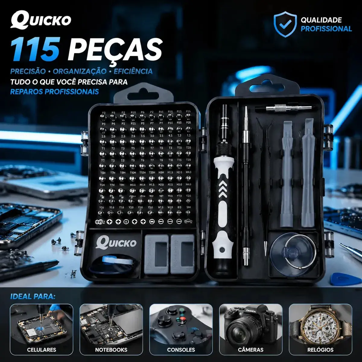 Kit Jogo de Ferramentas Precisão Magnético 115 Peças Quicko para Reparação Kit Completo Para Assistencia Tecnica Celulares Jogo De Chave Abrir Celular Equipamentos Para Manutenção De Celular - 1