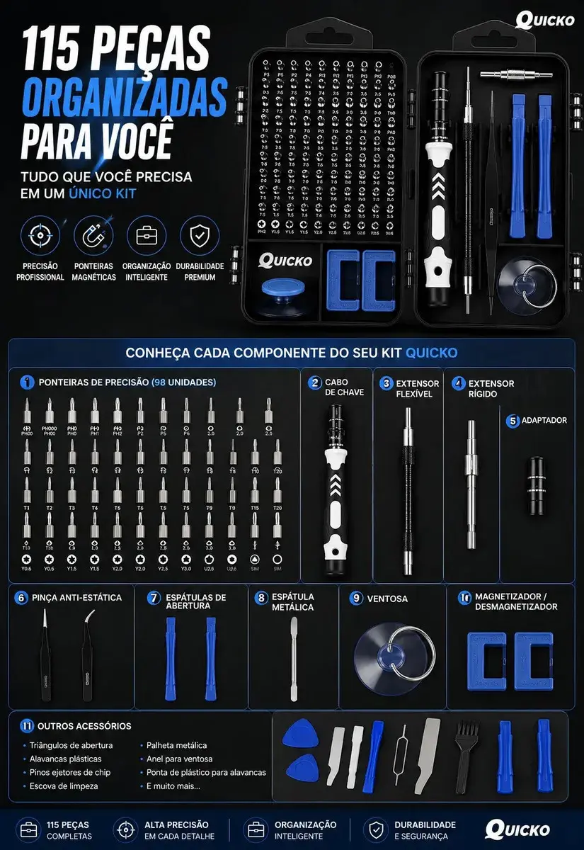 Kit Jogo de Ferramentas Precisão Magnético 115 Peças Quicko para Reparação Kit Completo Para Assistencia Tecnica Celulares Jogo De Chave Abrir Celular Equipamentos Para Manutenção De Celular thumbnail 3