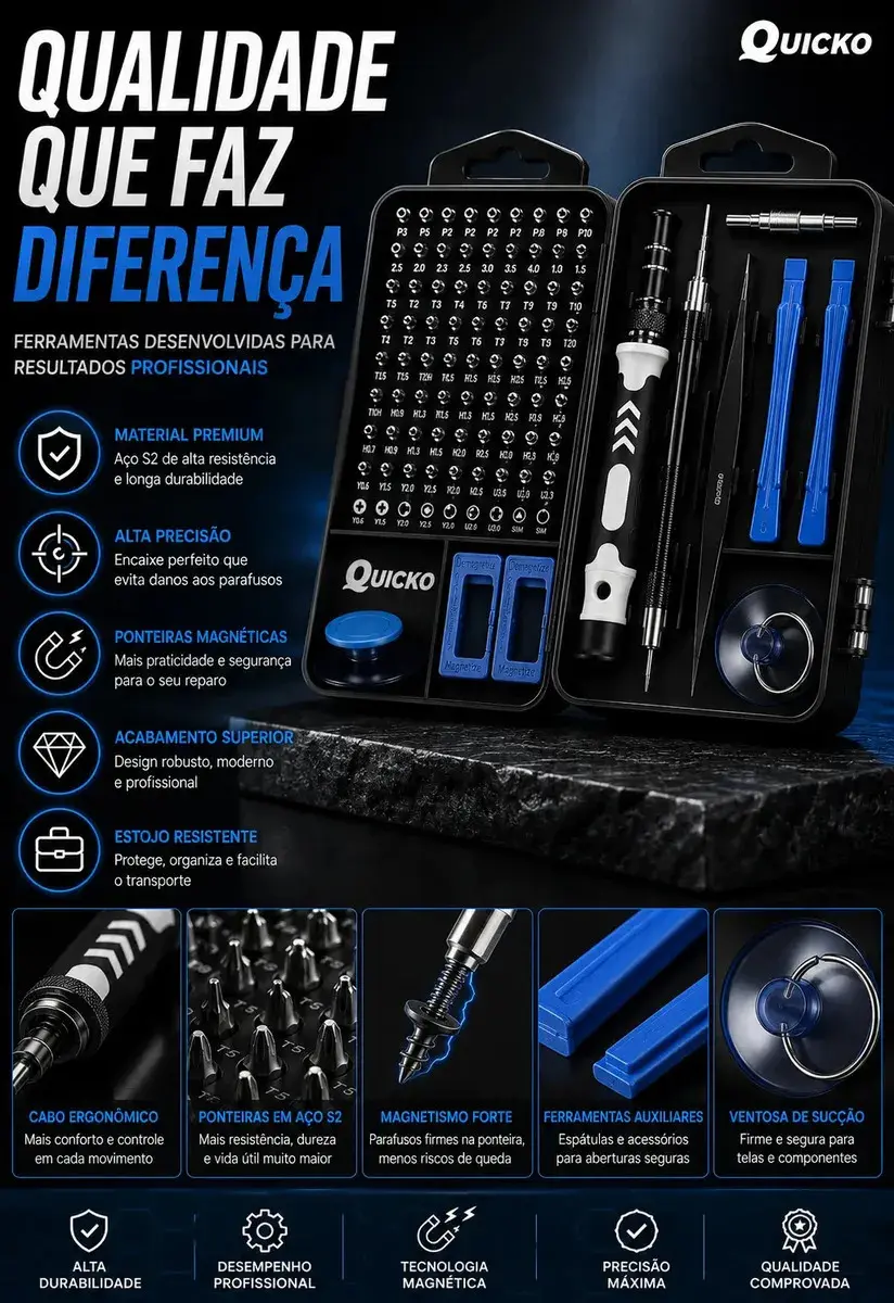 Kit Jogo de Ferramentas Precisão Magnético 115 Peças Quicko para Reparação Kit Completo Para Assistencia Tecnica Celulares Jogo De Chave Abrir Celular Equipamentos Para Manutenção De Celular thumbnail 4