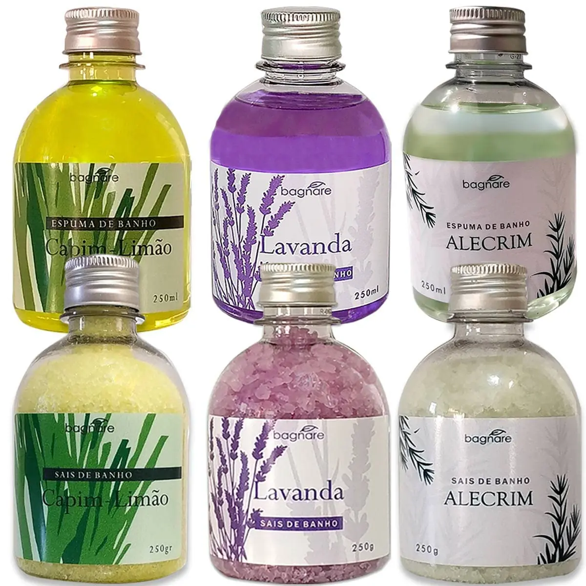 Kit 3 Sais De Banho e 3 Espumas para Banheira Hidromassagem Lavanda Alecrim Capim Limao