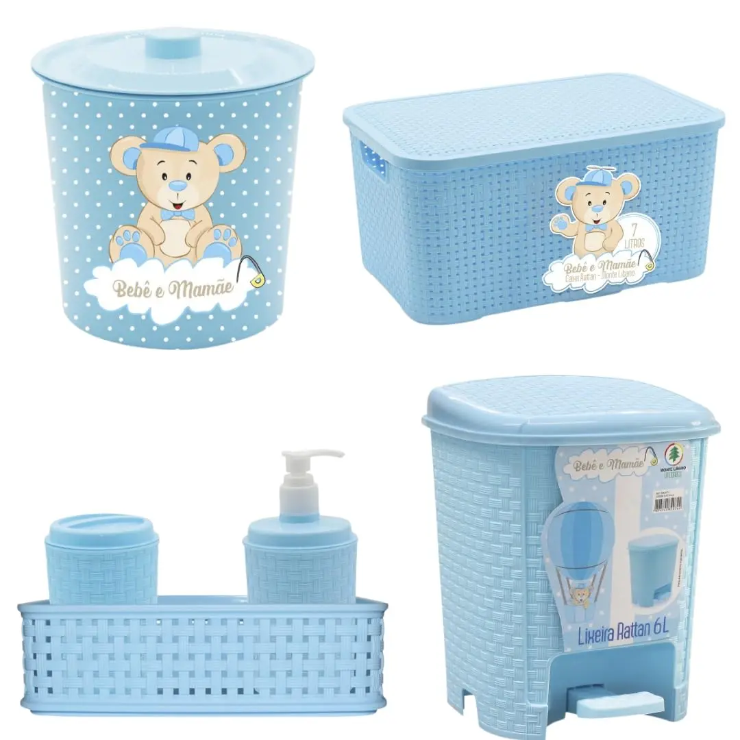 Kit Higiene Bebê Organizador Lixeiras Caixa Multiuso Rattan (azul)