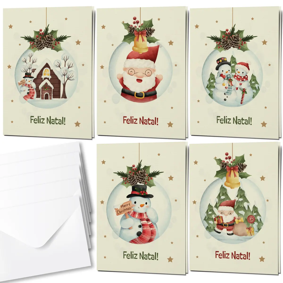 Fábrica de Pôster Cartão de Natal 5un e envelopes 10x15cm Bolas de Natal | 5 Cartões de Natal com 5 envelopes, cartões dobrados com linhas na parte de dentro.