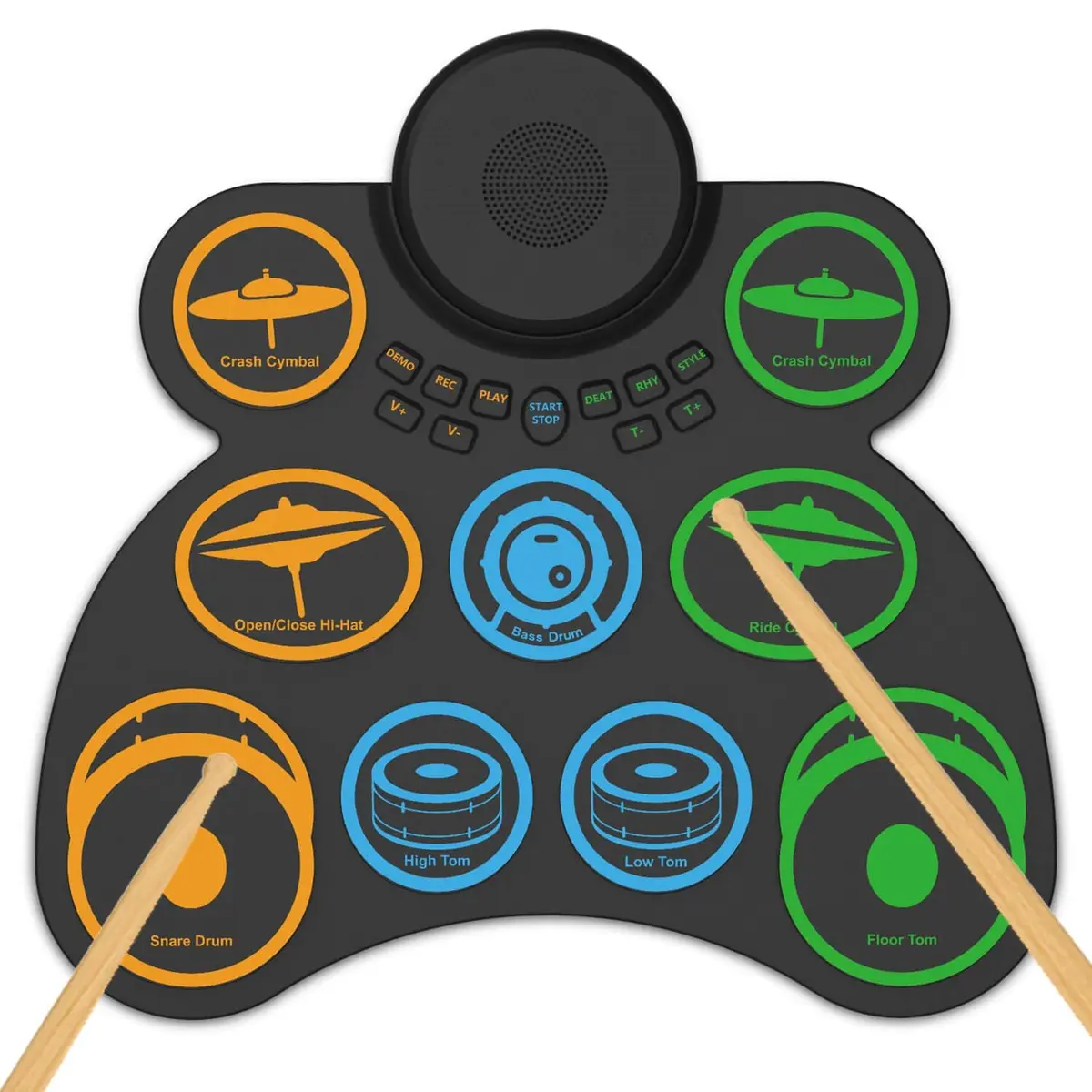 VEDO Kit de almofadas de bateria eletrônica: bateria eletrônica portátil com 9 pads, alto-falantes duplos, conexão MIDI para jogos, 4 horas de autonomia – presente ideal para iniciantes.