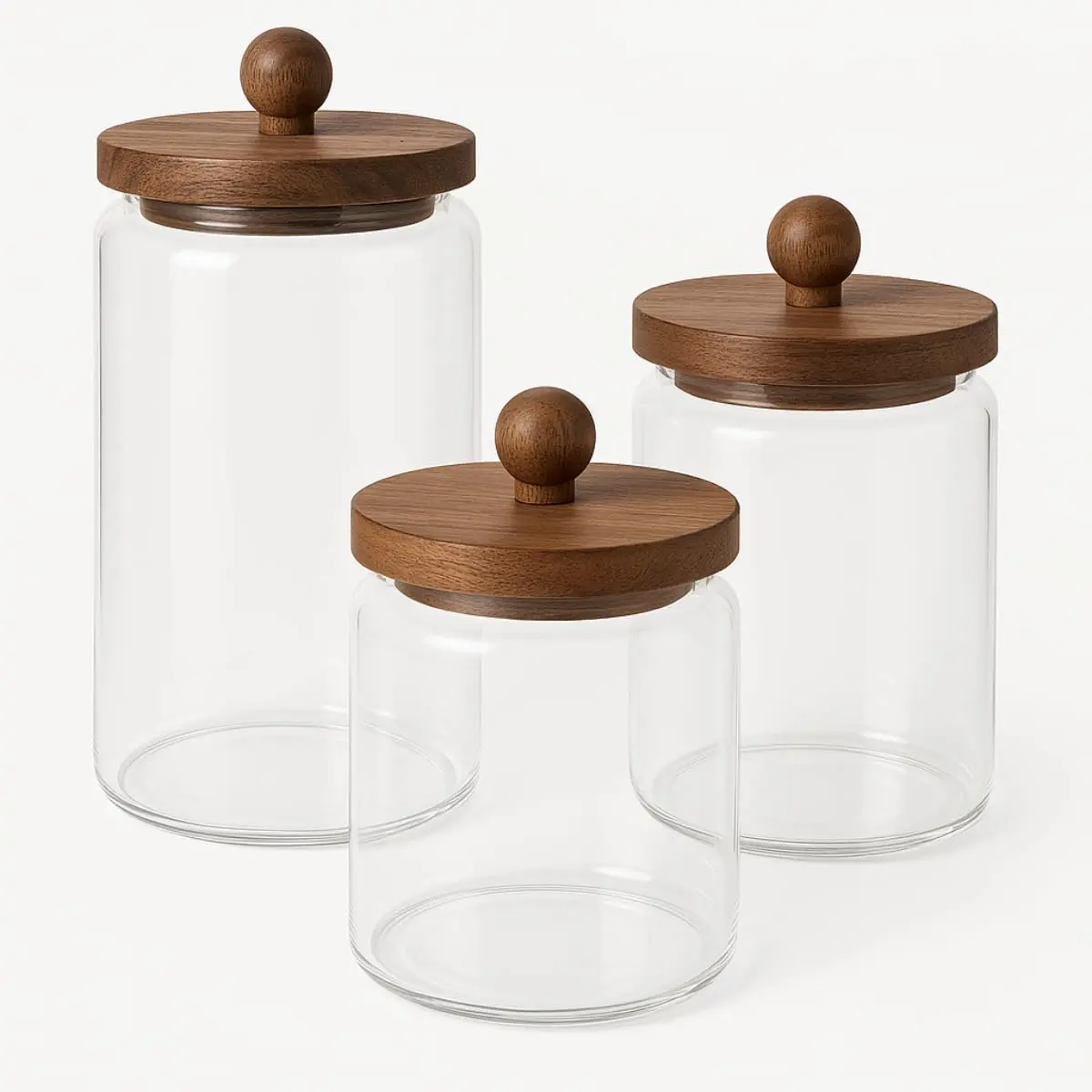 Conjunto de Potes de Vidro com Tampa de Madeira, 3 Tamanhos, Premium, Armazenamento para Cozinha