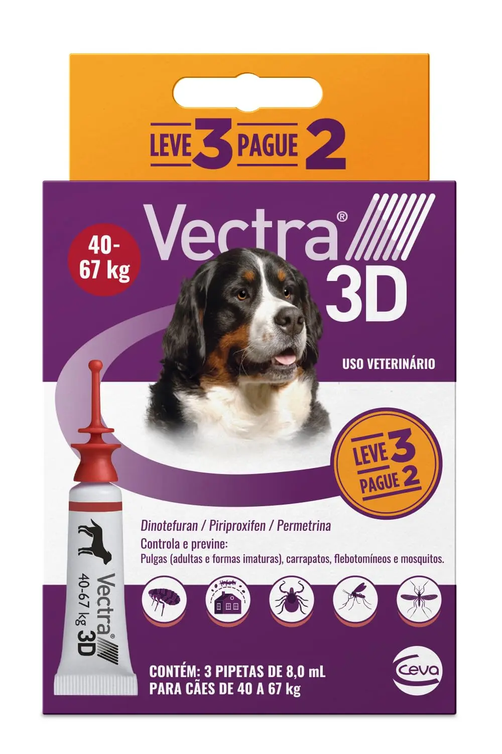 Ceva - Vectra 3D Antipulgas para Cães 40 a 67kg - 3 Pipetas de 8,0ml - Leve 3 Pague 2 - 1