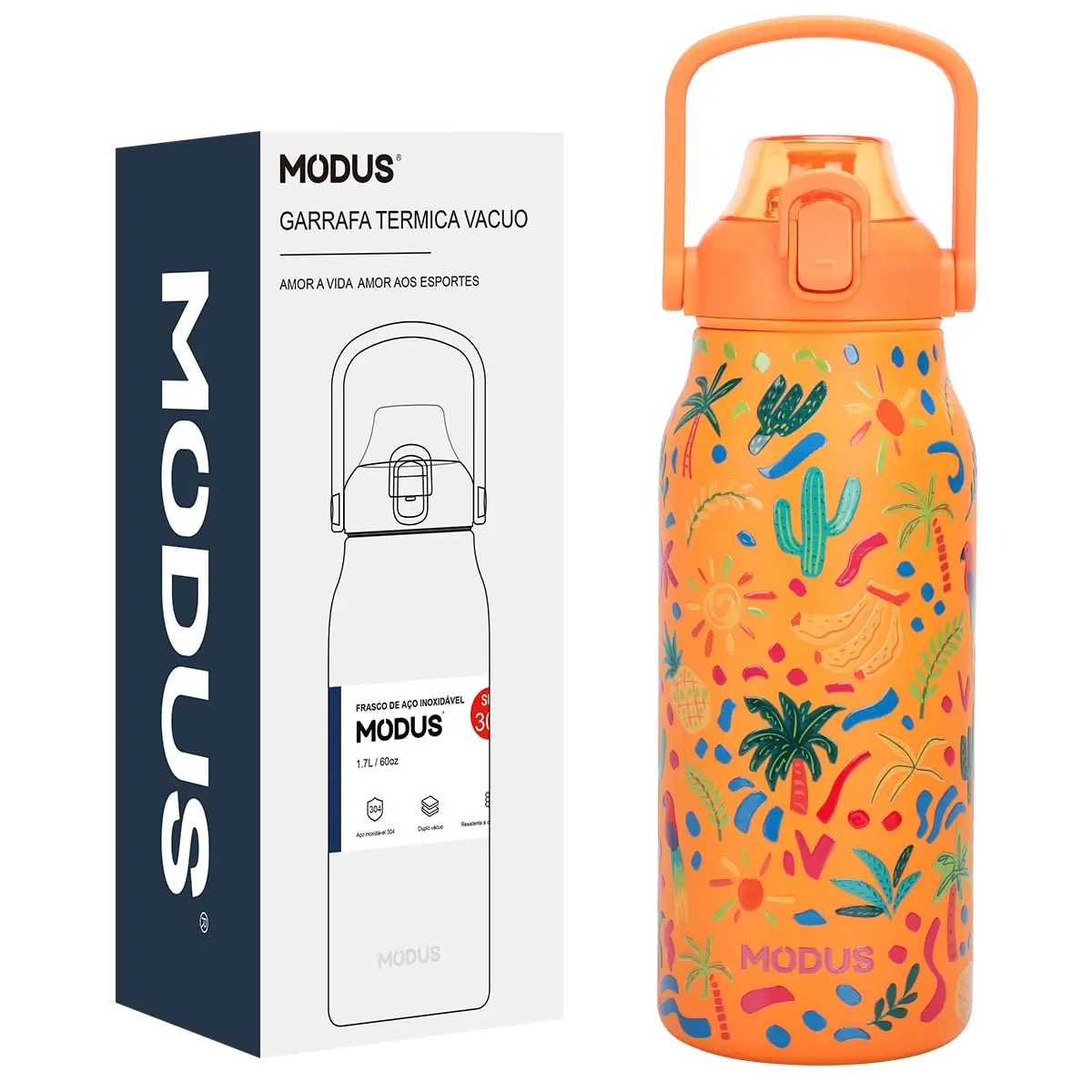 Garrafa Térmica de Aço Inox Dupla Parede 1,7 Litro Isolamento Vácuo | Design com Estampa 3D em Relevo (Laranja Duo Tropical)
