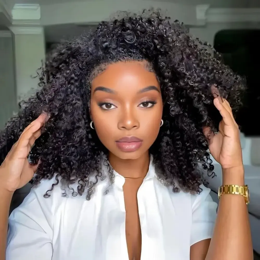 Peruca de meia cabeça, densidade de 200%, cabelo Remy, peruca com faixa e cordão, sem necessidade de deixar a parte frontal descoberta, cabelo cacheado, 32 polegadas, perucas de cabelo humano, versão aprimorada, presilha de máquina, 3 em 1, perucas de mei