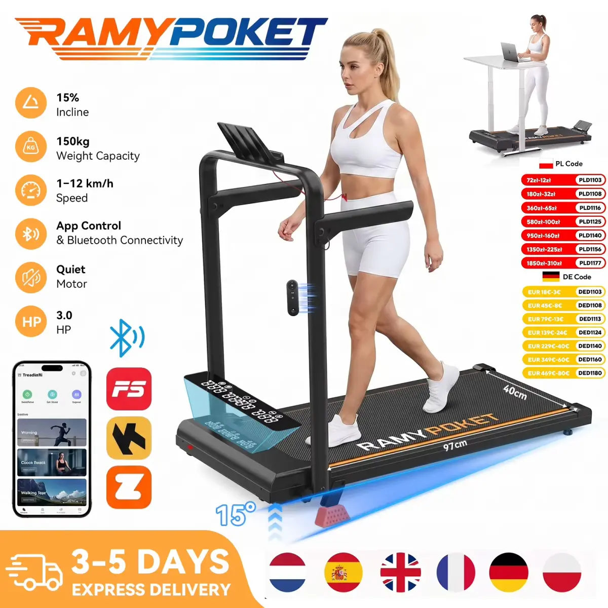 RAMYPOKET Passadeira dobrável com corrimãos, inclinação 15%, velocidade 1-12 km/h, motor silencioso, APP inteligente, visor de três janelas, carga 150 kg, para casa e escritório