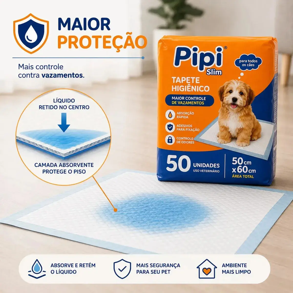Tapete Higiênico para Cães Gatos Pets Manta Absorvente 50 Unidades 50x60 cm Absorção Rápida PawSoft Premium thumbnail 3