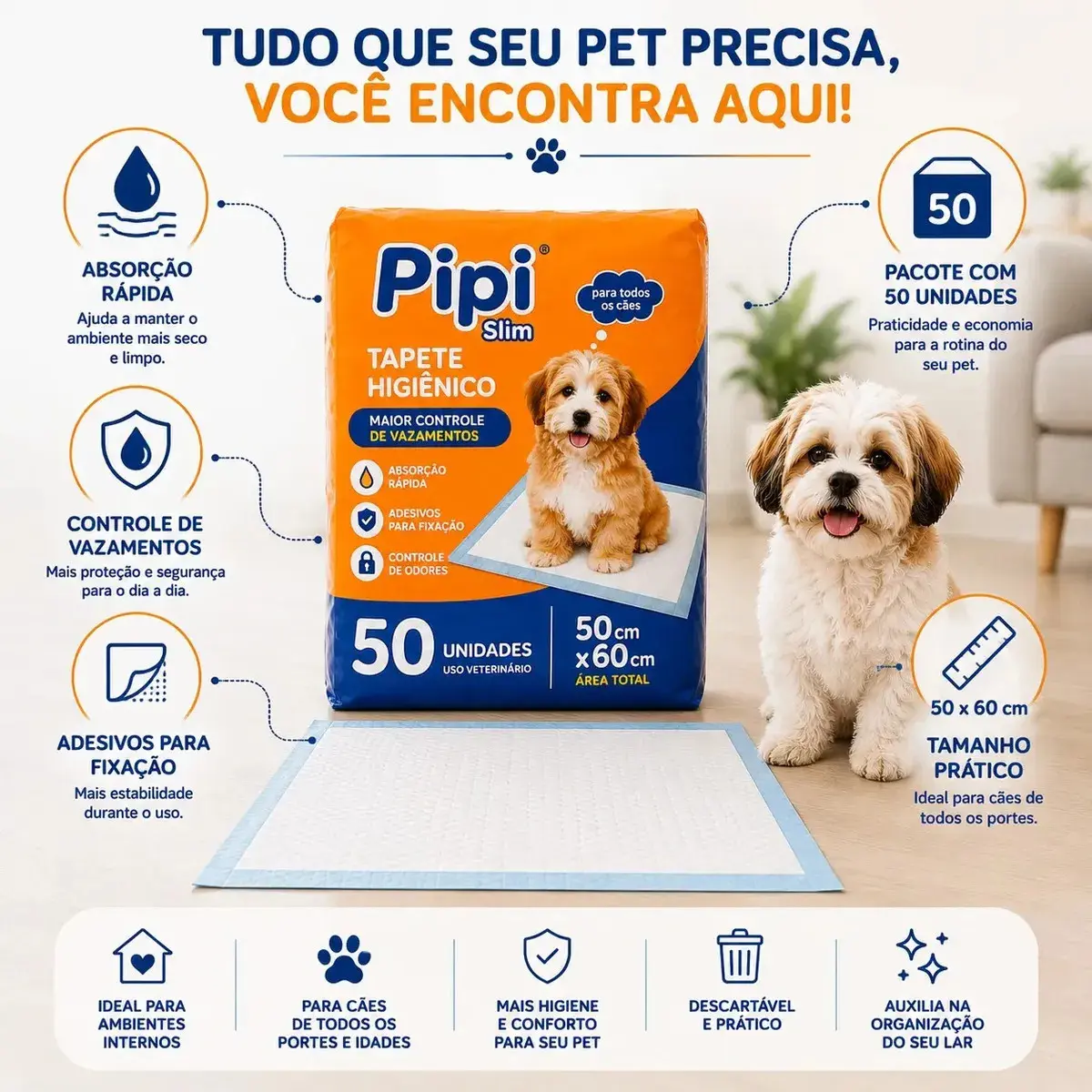 Tapete Higiênico para Cães Gatos Pets Manta Absorvente 50 Unidades 50x60 cm Absorção Rápida PawSoft Premium thumbnail 7