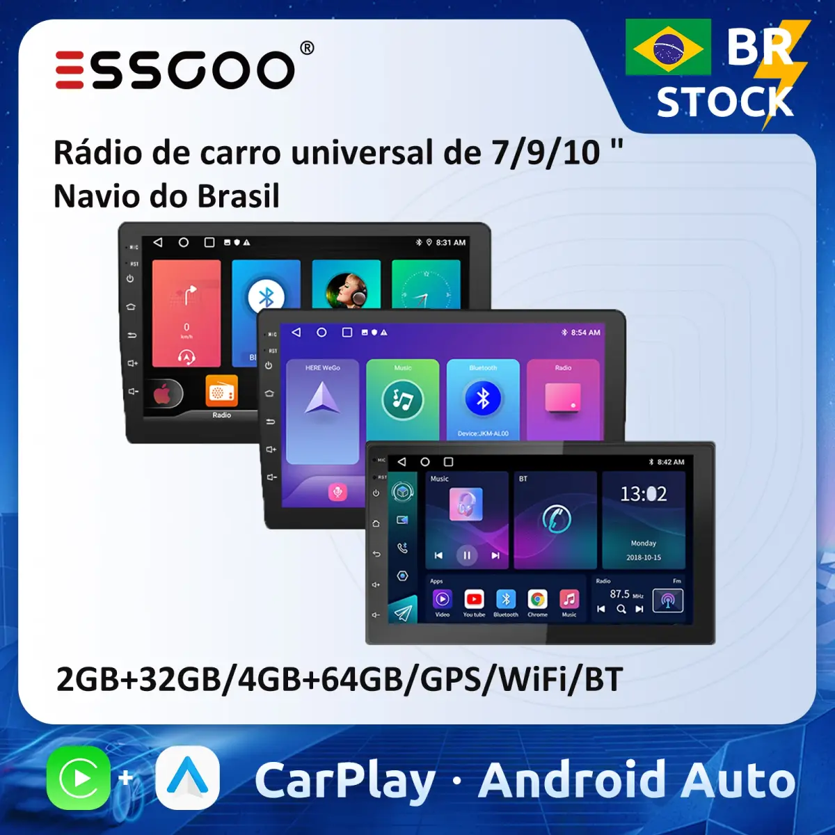 Essgoo rádio automotivo universal sem fio carplay android auto 7 9 10 "reprodutor multimídia 2 din carro estéreo wifi gps ips autoradio