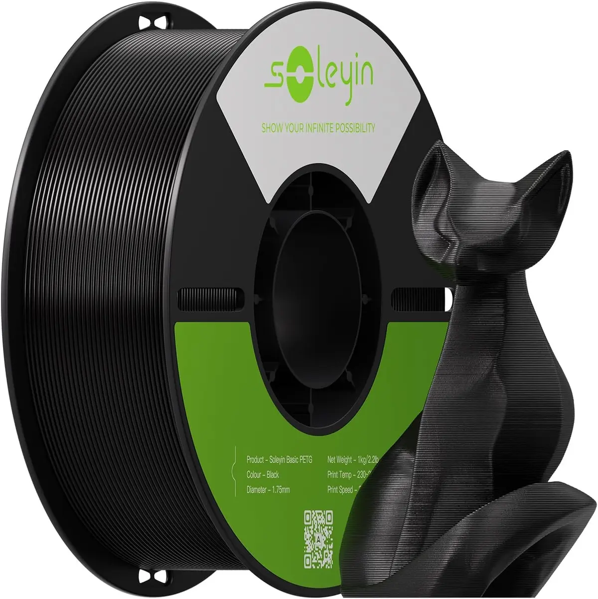 Creality Filamento Soleyin Basic PETG 1,75mm para Impressora 3D, Velocidade de 200mm/s, Impressão fluida sem entupimentos, Bobina de 1kg (2,2lb) para A Maioria das Impressoras 3D FDM (Preto)