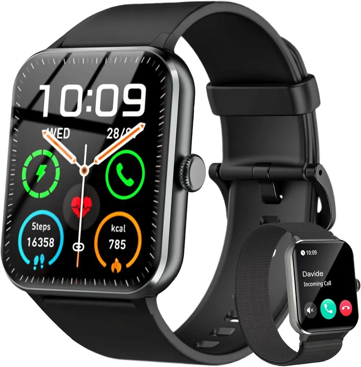 IOWODO Relógio Smartwatch 1.85" com Chamadas Bluetooth - 2 Pulseiras, 100+ Modos Esportivos, Assistente de Voz, Bateria Longa Duração - iPhone/Android (Preto)