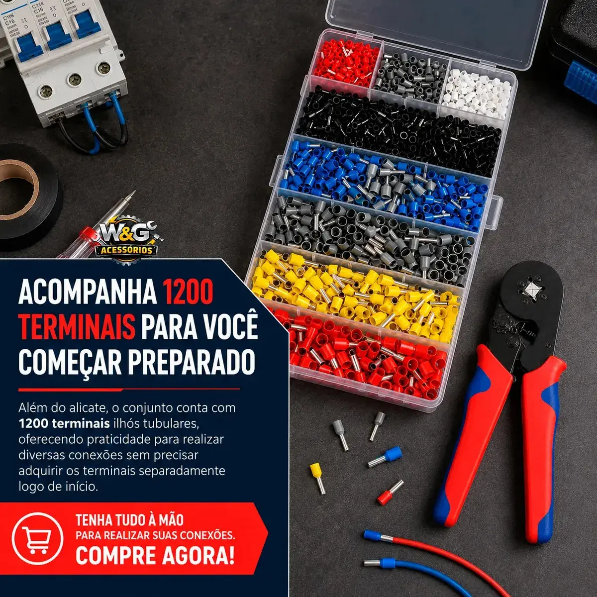 Kit Alicate Crimpar Descascador 1200 Terminais Ilhós Tubular W&g thumbnail 5