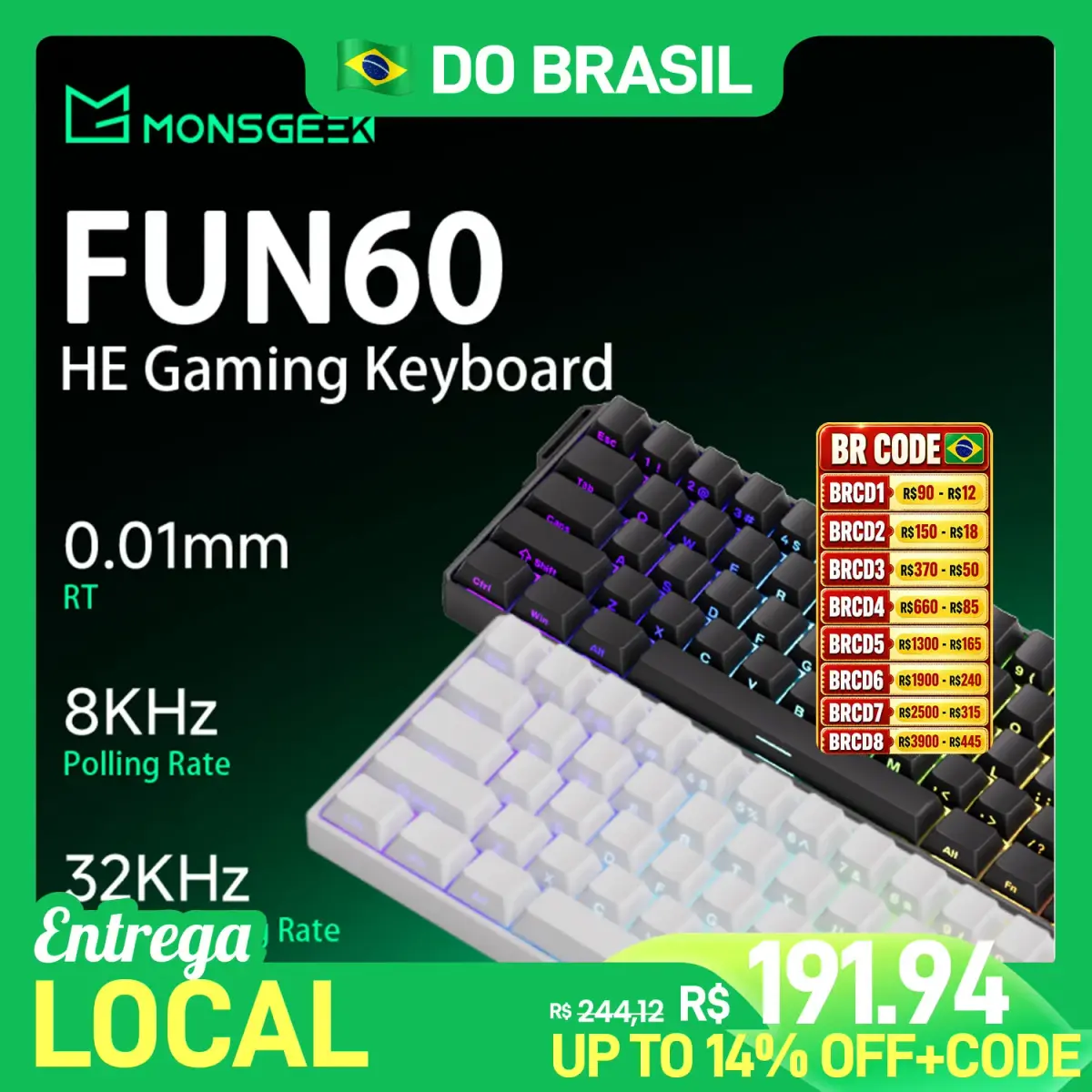 Teclado Mecânico Akko MonsGeek FUN60 PRO HE 60% com Interruptor Magnético, Gatilho Rápido 0.01mm, 8K, Teclado Gamer Personalizado com Fio