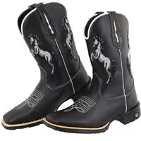 Bota Texana Couro Preta Country Amarena Bordado Cavalo Rústica Bico Quadrado