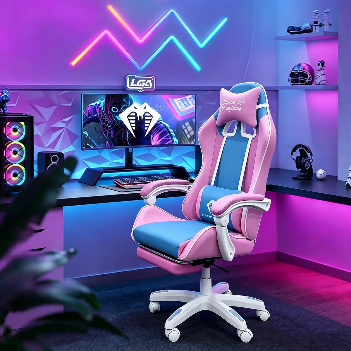 Cadeira Gamer com Design Moderno e Cores Contrastantes, Apoio de Cabeça e Apoio Lombar Ajustáveis – para Jogos, Estudo e Presente (Azul e Rosa)
