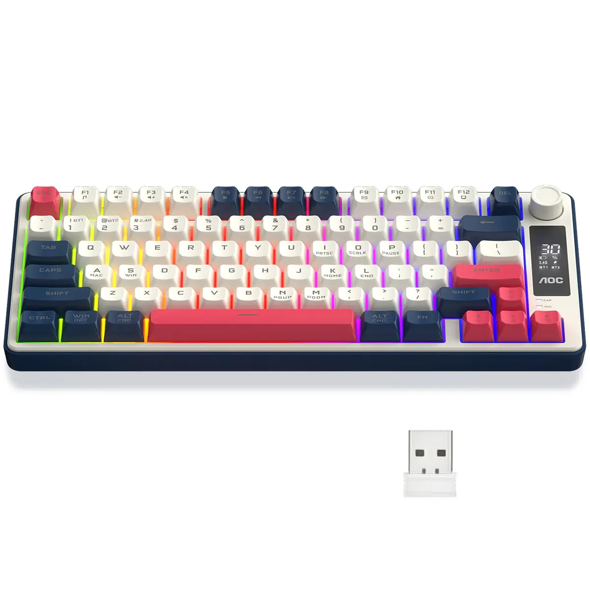 AOC GK280 Teclado sem fio 70%, Bluetooth Trimodo /2.4 GHz/USB-C, Teclado Gamer RGB LED Rainbow, Ideal para Jogos e Digitação, Ergonômico, Bateria Recarregável - 1