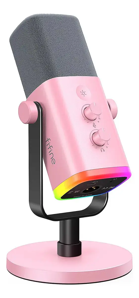 Microfone Dinâmico Fifine AM8W XLR USB Cardioide Rosa RGB Gamer