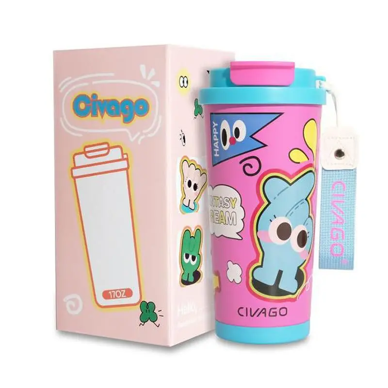 Copo Térmico Antivazamento Portátil 500ml em Aço Inoxidável 316, Estampa Cartoon, Revestimento Cerâmico, Tampa 2-em-1, Ideal para Uso Doméstico e Infantil, Mantém Quente 12h / Frio 24h (Azul Vibrante) - 1