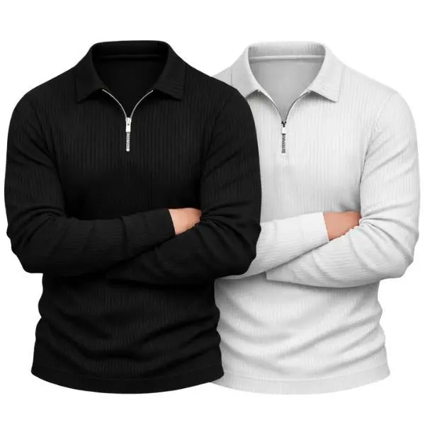 Camisa Polo de Manga Longa Canelada com Zíper Malha Súeter - 1