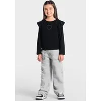 Infantil - Camiseta Brandili Manga Longa Babados Coração Preta