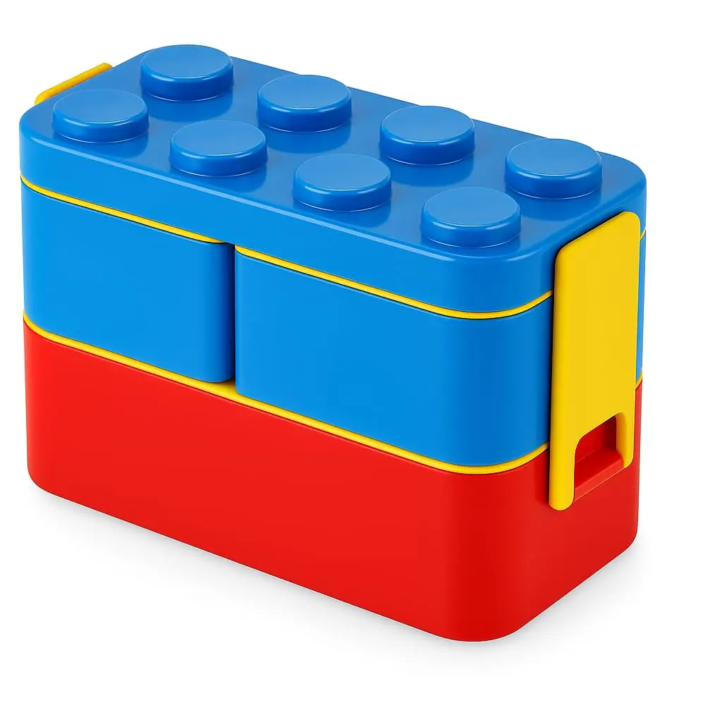 Lancheira Infantil Em Formato Bloco de Montar, A Lancheira Super divertida, com Divisórias Ajustáveis, com Talheres Embutidos, 3 em 1, Livre de BPA (Azul)