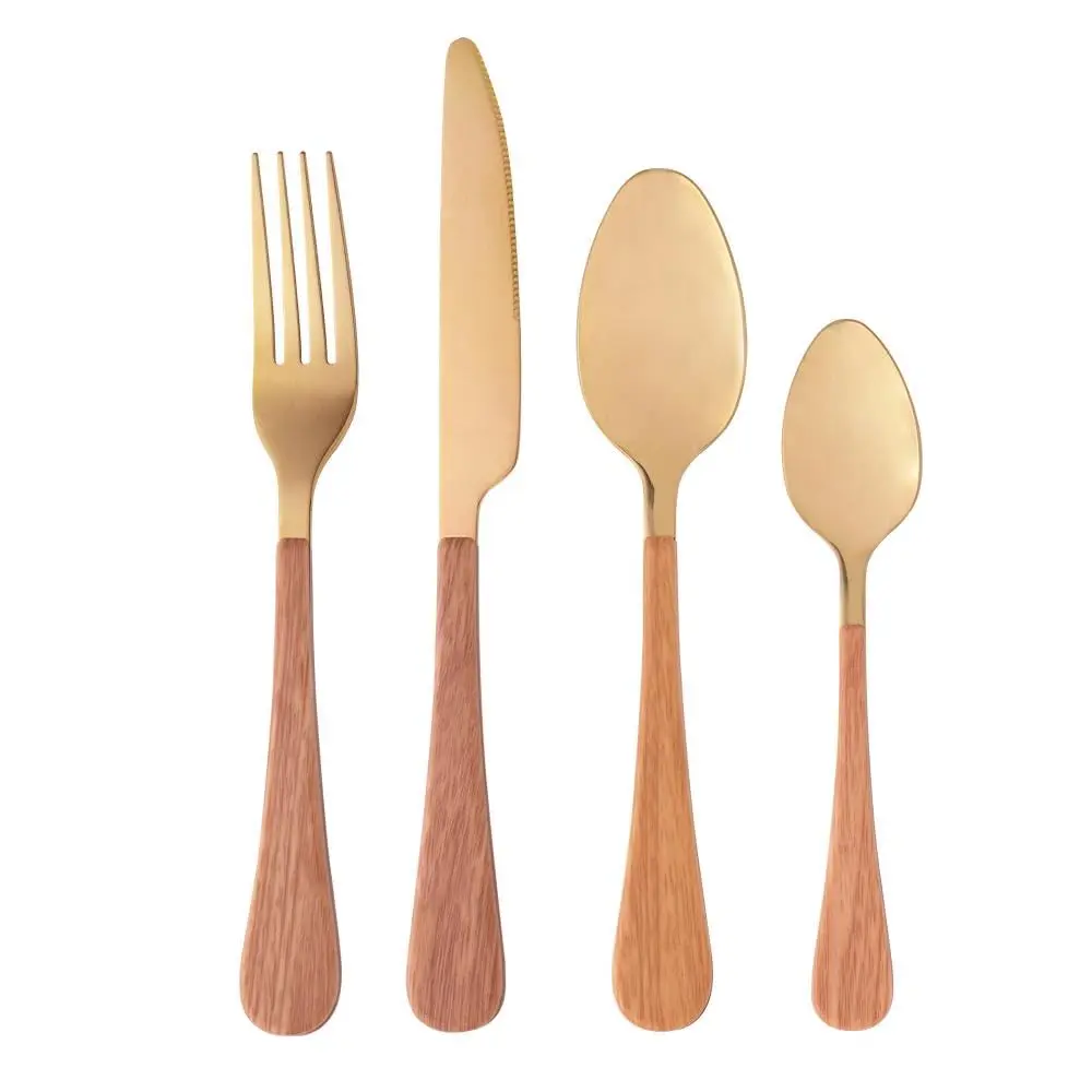 WOLFF - Faqueiro de Aço Inox Cabo em Plástico Amadeirado Milão Dourado 24 Peças - Jogos de Talheres - Mesa Posta - Utensílios de Cozinha, Enxoval, Casamento, Decoração