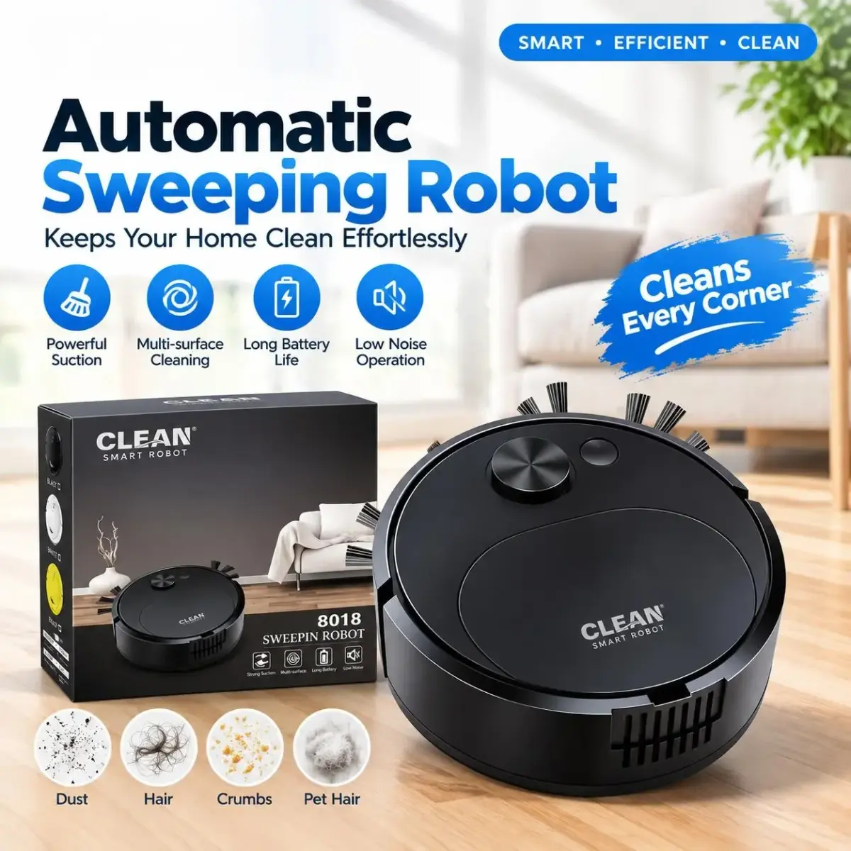 NOVO Aspirador de Pó Robô USB com Função de Limpeza e Passagem de Pano 3 em 1, Inteligente, Sem Fio, 1500Pa, Limpeza de Pisos para Casa e Escritório