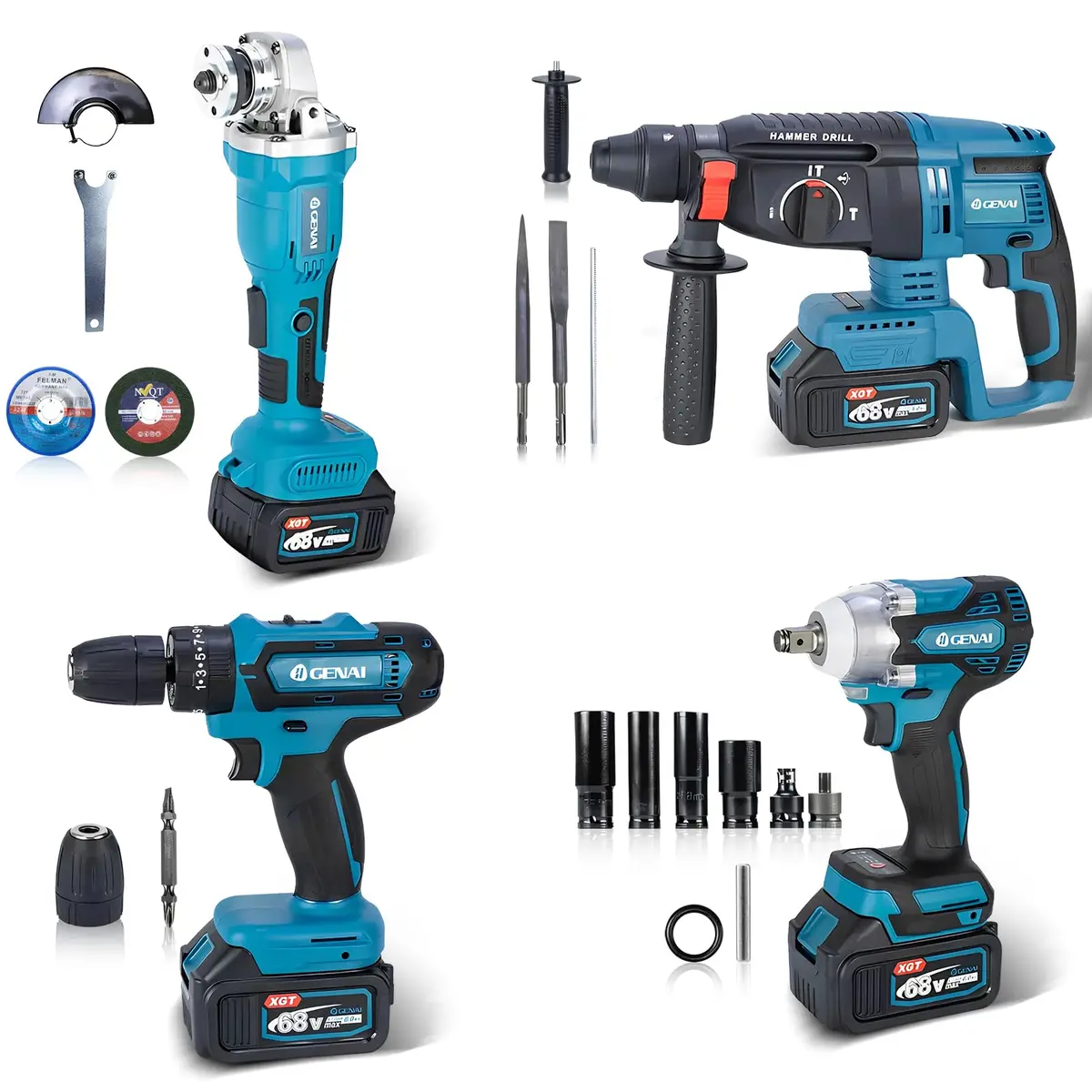 IIGENAI Brushless Parafusadeira Furadeira e Parafusadeira Chave de Impacto Esmerilhadeira Lixadeira Furadeira de Impacto 110V 220V Kit de Ferramentas Completa 4 em 1 Acessório Perfeito 2 Bateria 68V - 1