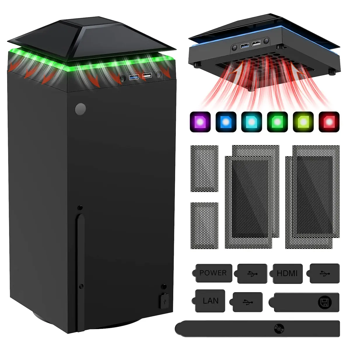 Ventoinha de resfriamento à prova de poeira para console Xbox Series X com tira de luz colorida, filtro de capa de poeira MENEEA, plugues de borracha, ventilador superior de baixo ruído com 3 marchas, interruptor de toque independente Cooler&Light, 2 port - 1