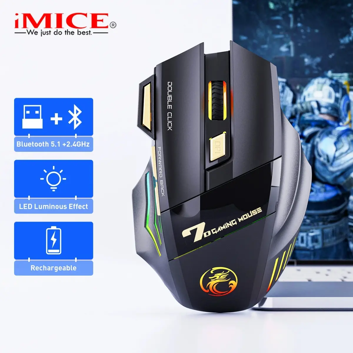 Mouse Gamer Sem Fio IMICE GW-X7 / Mouse Com Fio X7 3200DPI 7 Botões 2.4Ghz Bluetooth com Luz LED de 7 Cores