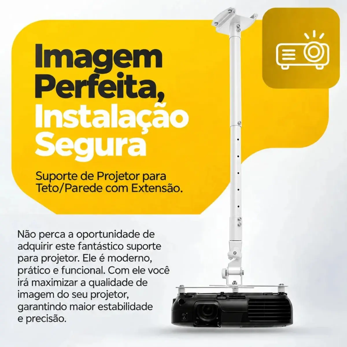 Suporte Para Projetor De Teto Parede Fixo Inclinável 15 Graus Giratório 360 Graus Suporta Até 10kg Feito Em Aço Carbono Pintura Eltrostática Brasforma Sbrp756 Branco Engate Rápido Com Kit De Parafusos thumbnail 2