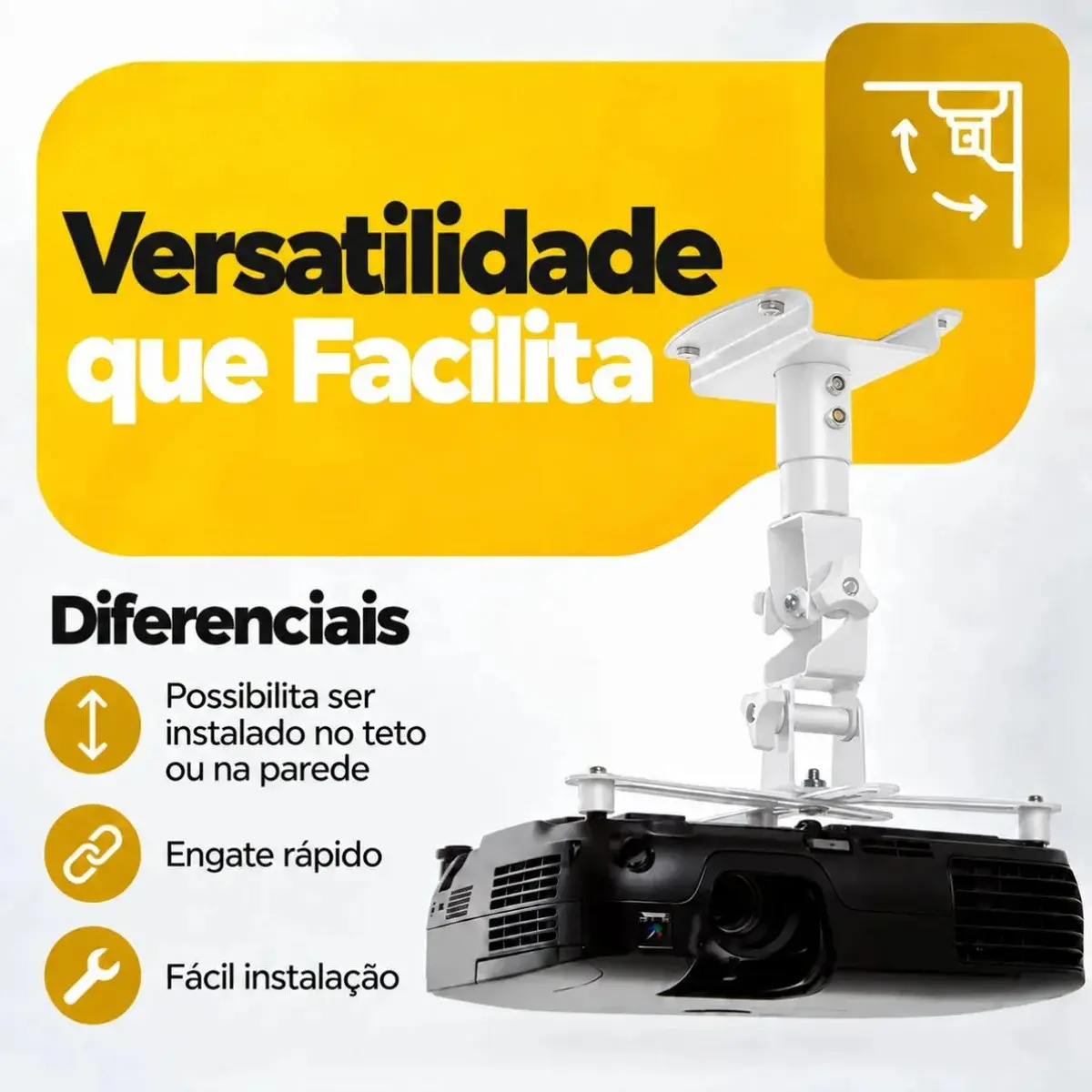 Suporte Para Projetor De Teto Parede Fixo Inclinável 15 Graus Giratório 360 Graus Suporta Até 10kg Feito Em Aço Carbono Pintura Eltrostática Brasforma Sbrp756 Branco Engate Rápido Com Kit De Parafusos thumbnail 5
