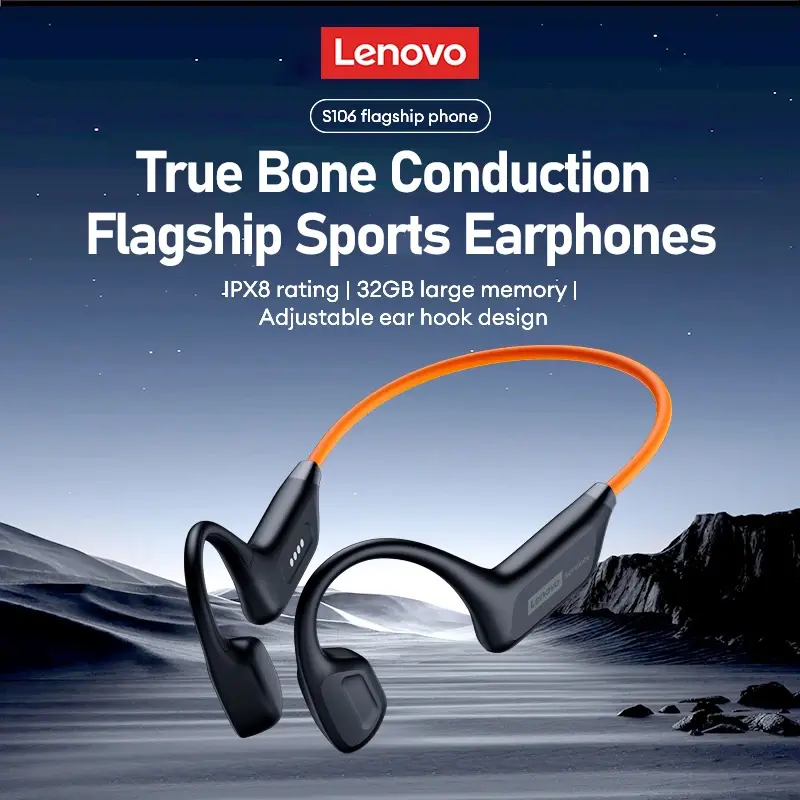 Fone de Ouvido Lenovo S106 True Bone Conduction Bluetooth 6.0 IPX8 à Prova D'água com MP3 de 32GB, Fones de Ouvido HIFI com Microfone para Natação - 1