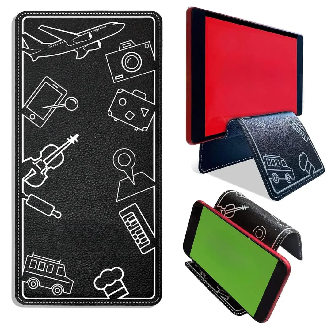 Suporte Flexível Universal para Celular e Tablet | Porta Dispositivos Multiuso, Mesa, Cama, Escritório, Academia, Viagens e Avião, Dobrável, Premium em Couro e Liga de Alumínio