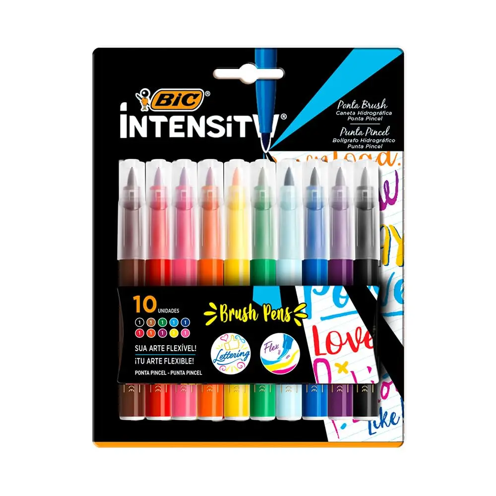 Caneta Hidrográfica BIC Intensity Brush Pens, Ponta Pincel, Traço Fino ou Grosso, pacote com 10 unidades