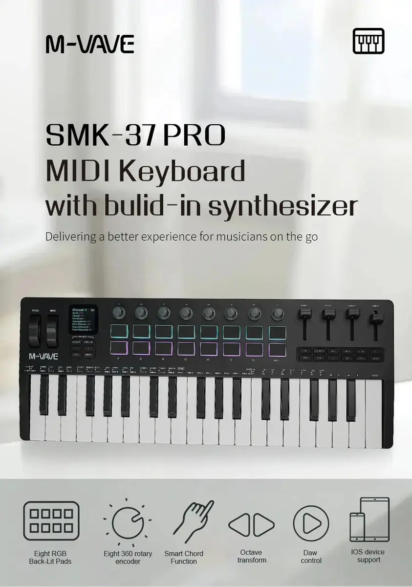 Controlador Midi M-vave Smk-37 Pro Com Almofada De Bateria thumbnail 4