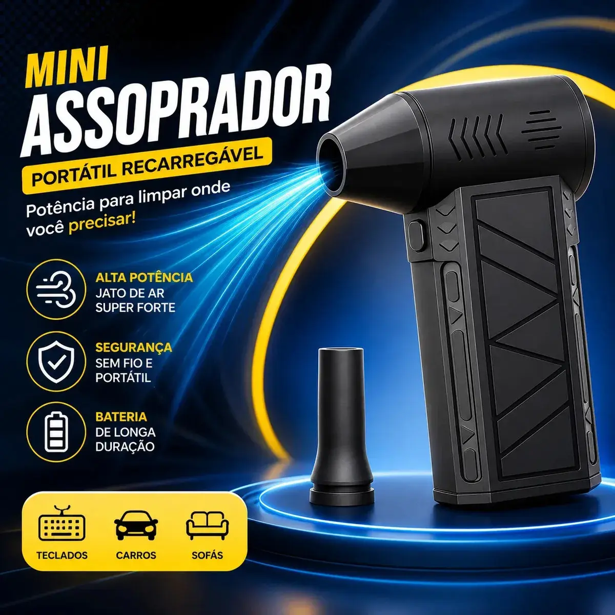 Mini Ventilador Soprador Ar Turbo 130000RPM Sem Fio Recarregável USB 3 Níveis Jato Forte Portátil Multiuso Limpeza Teclado Carro Acende Churrasqueira Simake - 1