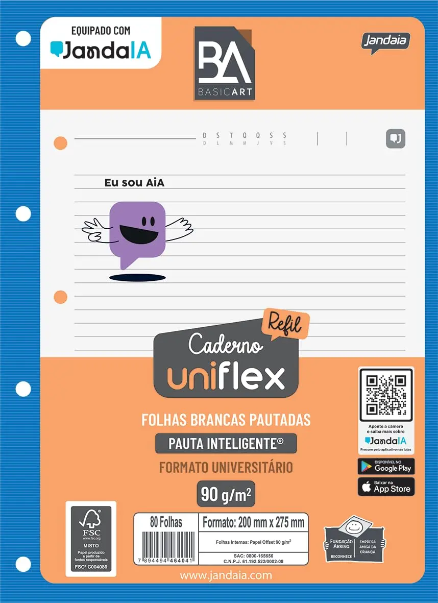 JandaIA - Refil para Caderno Argolado/Fichário Univ Inteligente 80 folhas Brancas Pautadas Basic Art