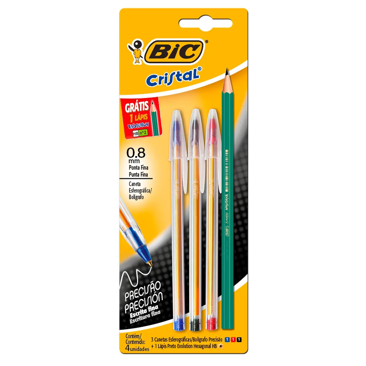 BIC, Kit Precisão, 3 Canetas Esferográfica Cristal Precisão + Lápis Preto Evolution